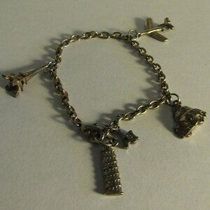 Vintage Silver Toned TRAVEL 5 CHARM BRACELET Eiffel Tower, Leaning Tower Piza